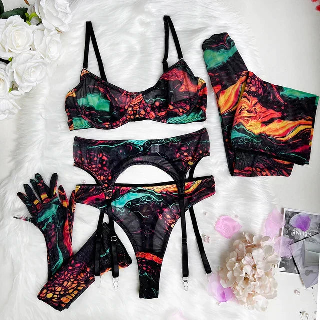 Serena 5-teiliges Tie Dye Dessous Set – Sinnlichkeit in lebendigen Farben