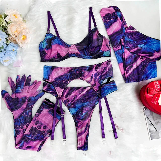 Serena 5-teiliges Tie Dye Dessous Set – Sinnlichkeit in lebendigen Farben
