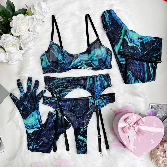 Serena 5-teiliges Tie Dye Dessous Set – Sinnlichkeit in lebendigen Farben