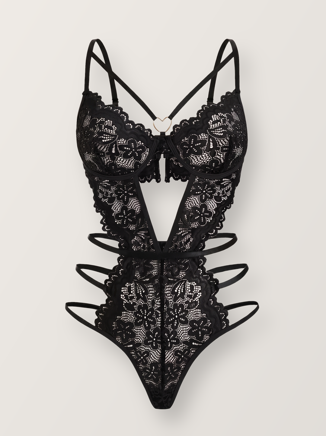 Transparenter Body aus Blumen-Spitze mit offenem Rücken und goldfarbenem Herzring