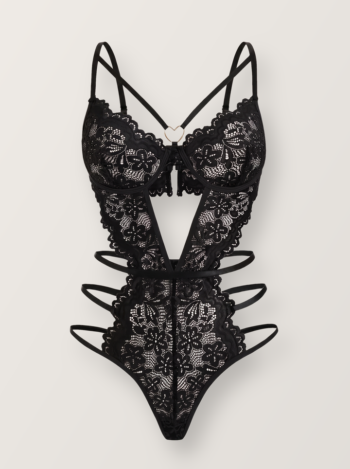 Transparenter Body aus Blumen-Spitze mit offenem Rücken und goldfarbenem Herzring
