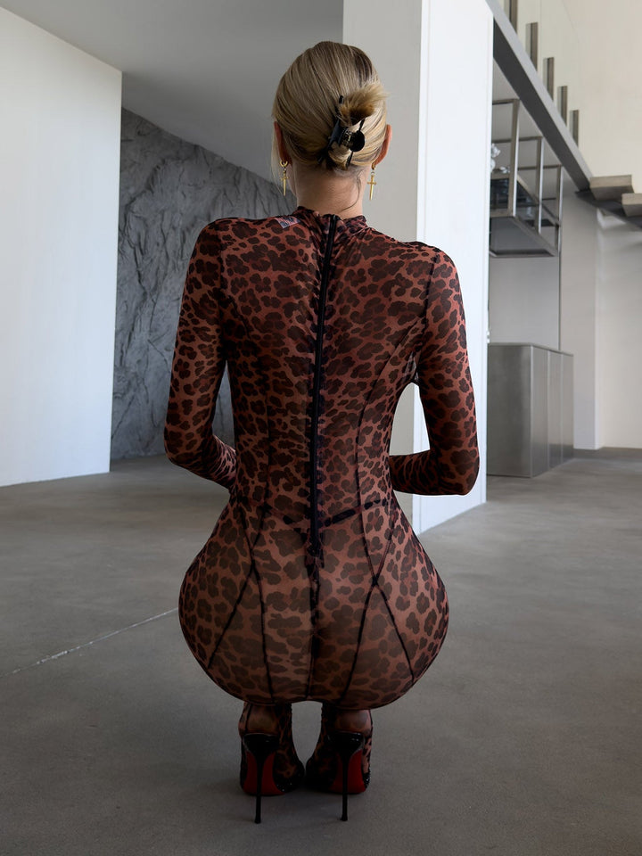 Transparenter Jumpsuit im Leoparden-Print mit langen Ärmeln
