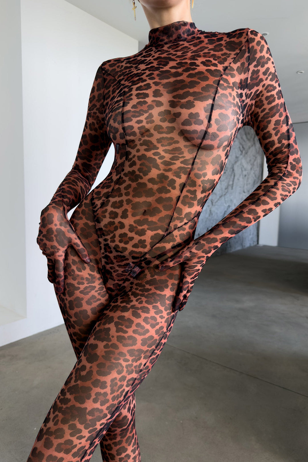 Transparenter Jumpsuit im Leoparden-Print mit langen Ärmeln