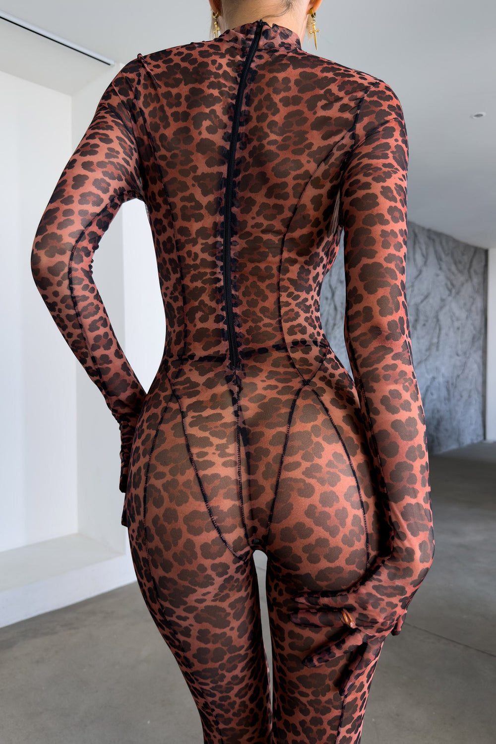 Transparenter Jumpsuit im Leoparden-Print mit langen Ärmeln