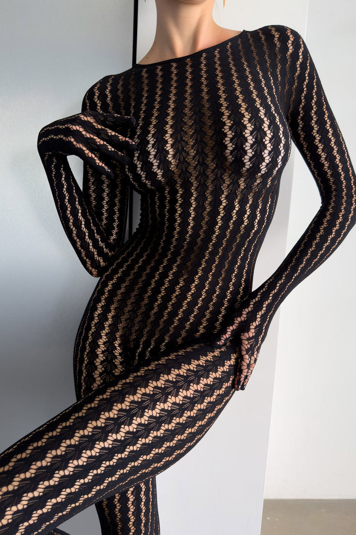Transparenter Catsuit mit Ajour-Muster und langen Ärmeln in Schwarz