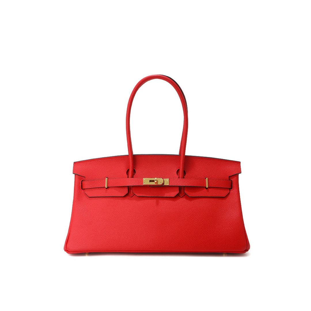 Birk-Schultertasche aus Narbenleder mit Henkeln und goldenen Beschlägen