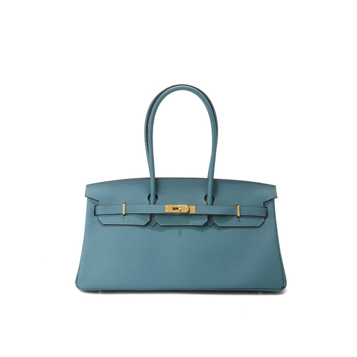 Birk-Schultertasche aus Narbenleder mit Henkeln und goldenen Beschlägen
