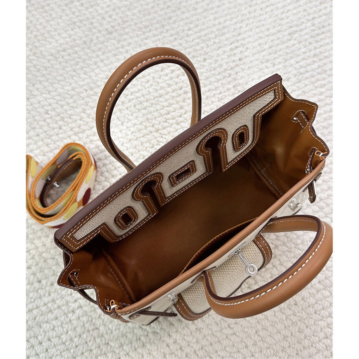 Pocket Birk-Handtasche aus Canvas und Narbenleder mit Seitenfächern und abnehmbarem Riemen