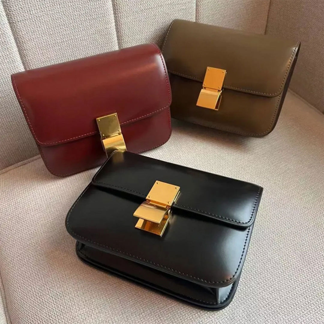 Tofu Box-Tasche aus Leder mit Metallschnalle und goldenen Beschlägen