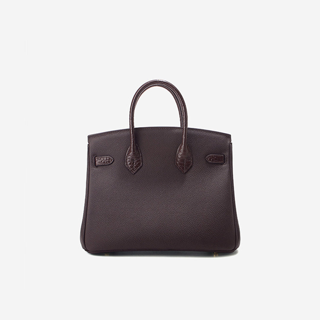 New Birk-Handtasche aus Narbenleder mit Kroko-Klappe und goldfarbenem Drehverschluss