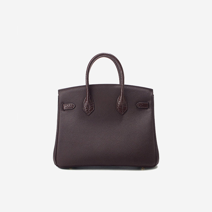 New Birk-Handtasche aus Narbenleder mit Kroko-Klappe und goldfarbenem Drehverschluss