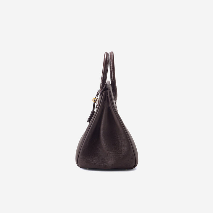 New Birk-Handtasche aus Narbenleder mit Kroko-Klappe und goldfarbenem Drehverschluss