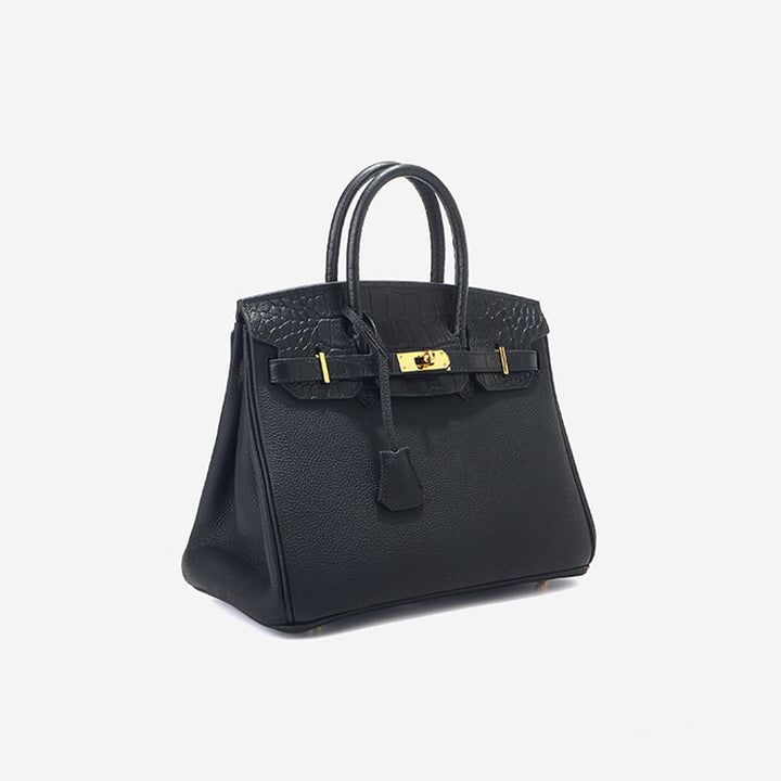 New Birk-Handtasche aus Narbenleder mit Kroko-Klappe und goldfarbenem Drehverschluss