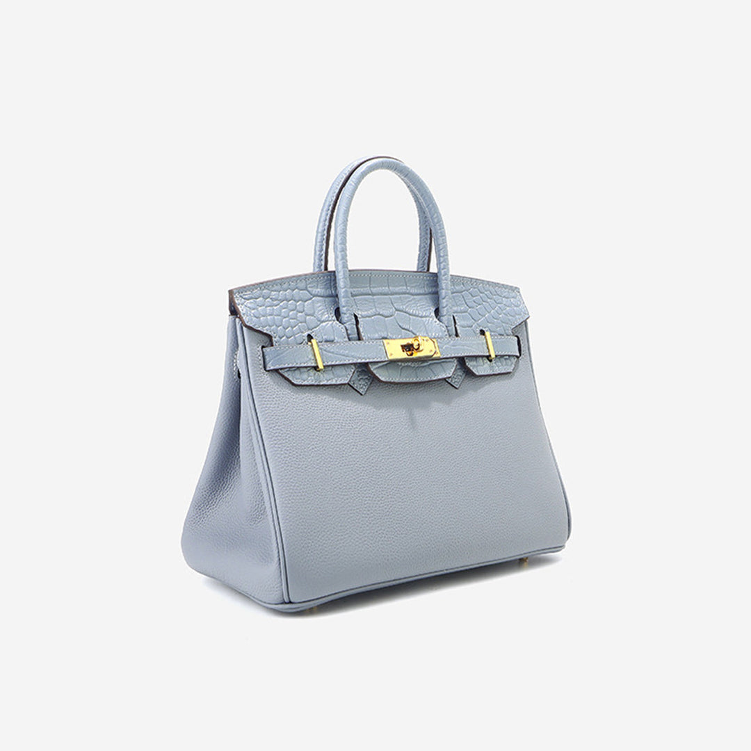 New Birk-Handtasche aus Narbenleder mit Kroko-Klappe und goldfarbenem Drehverschluss
