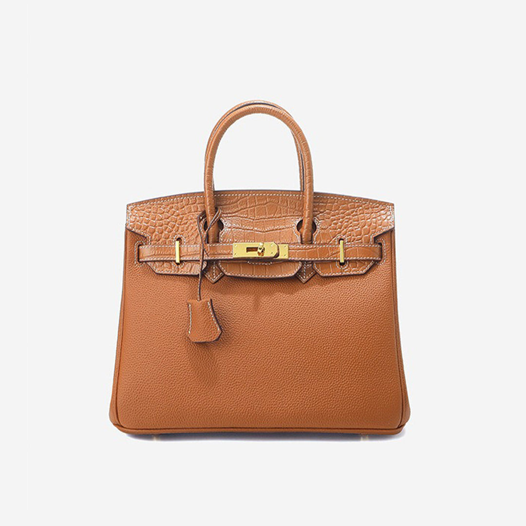 New Birk-Handtasche aus Narbenleder mit Kroko-Klappe und goldfarbenem Drehverschluss