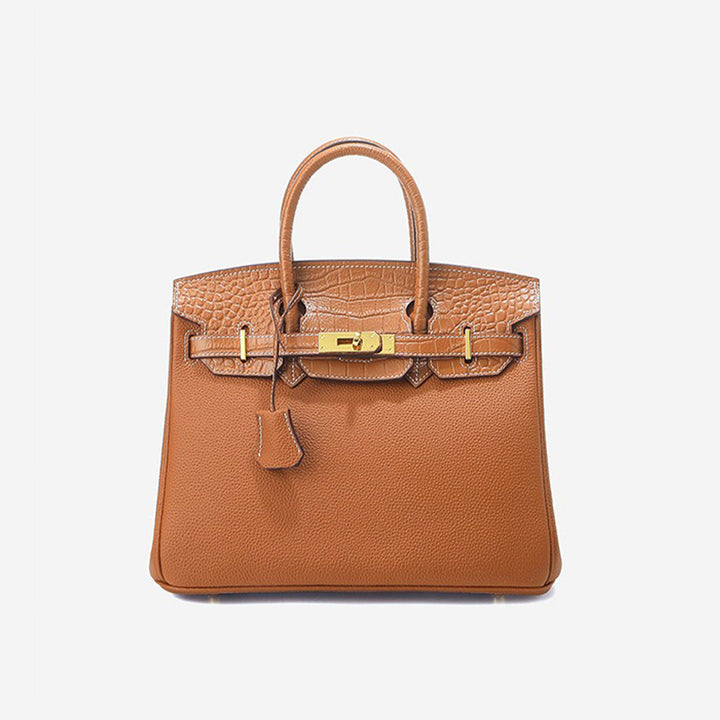 New Birk-Handtasche aus Narbenleder mit Kroko-Klappe und goldfarbenem Drehverschluss