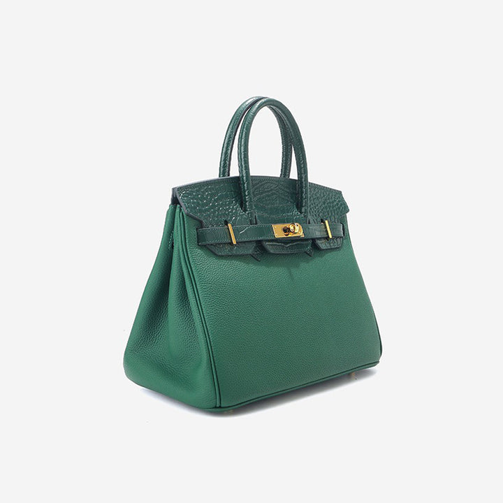 New Birk-Handtasche aus Narbenleder mit Kroko-Klappe und goldfarbenem Drehverschluss