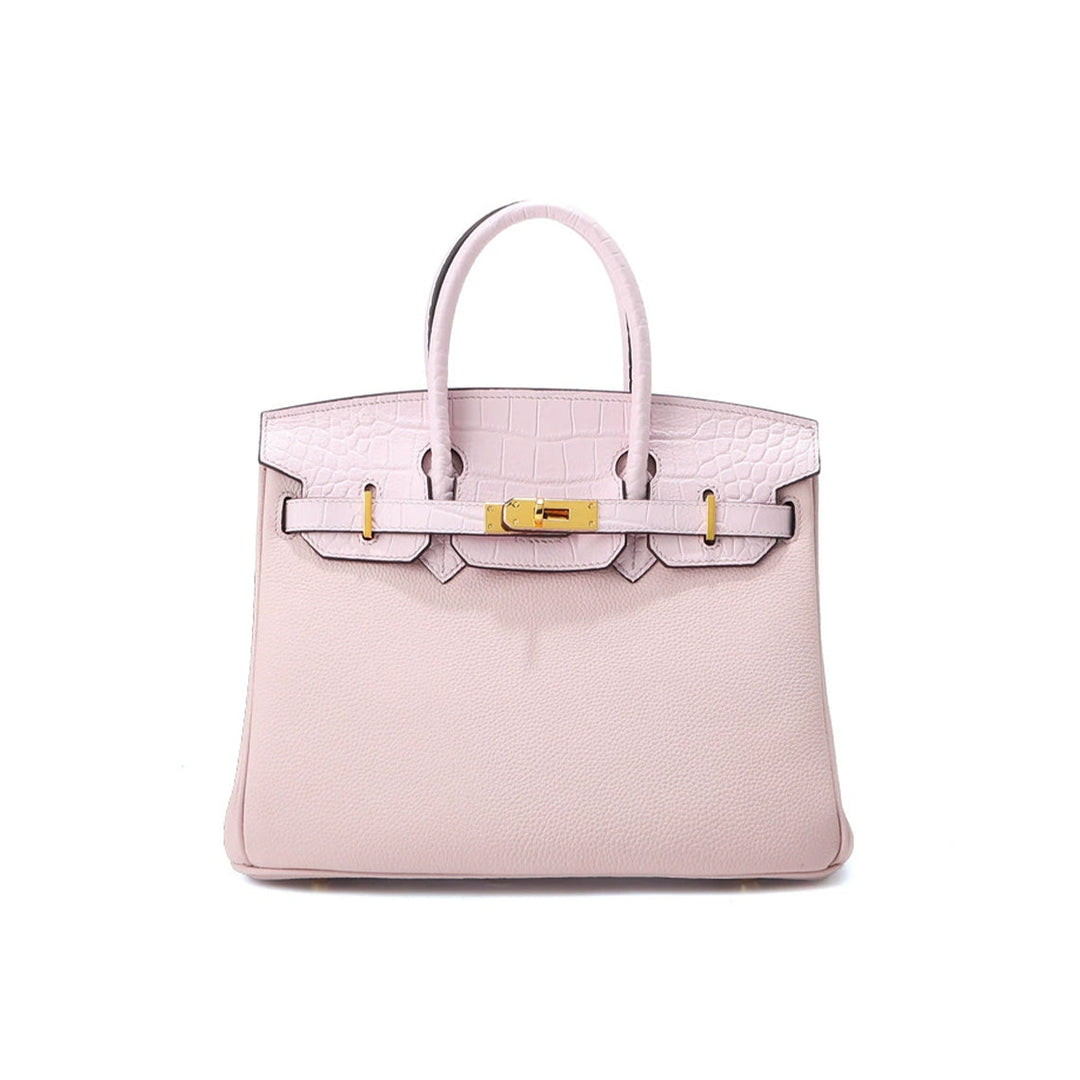 New Birk-Handtasche aus Narbenleder mit Kroko-Klappe und goldfarbenem Drehverschluss