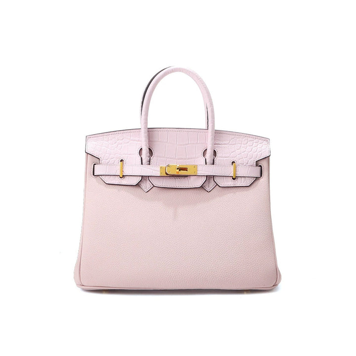 New Birk-Handtasche aus Narbenleder mit Kroko-Klappe und goldfarbenem Drehverschluss
