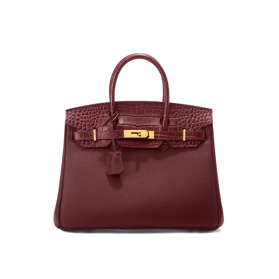 New Birk-Handtasche aus Narbenleder mit Kroko-Klappe und goldfarbenem Drehverschluss