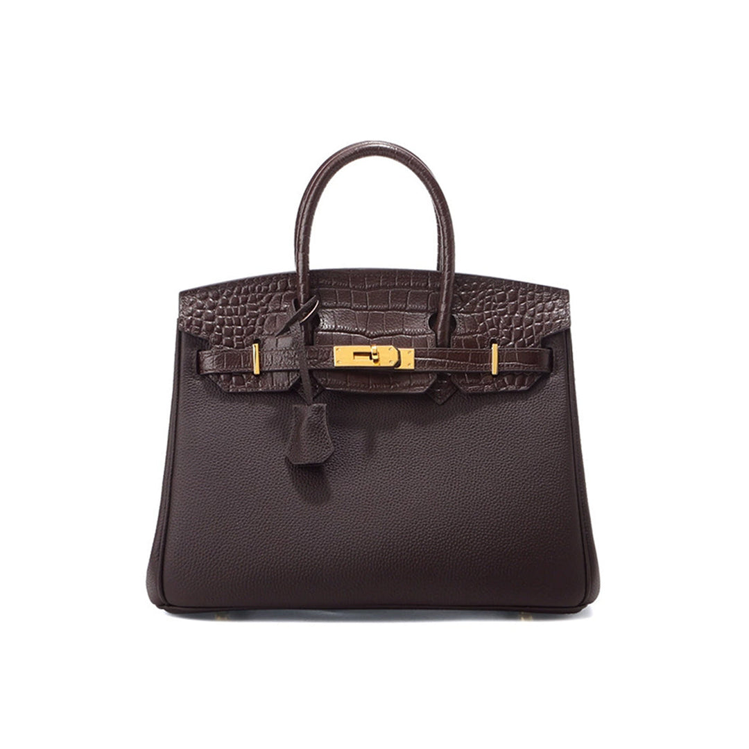New Birk-Handtasche aus Narbenleder mit Kroko-Klappe und goldfarbenem Drehverschluss
