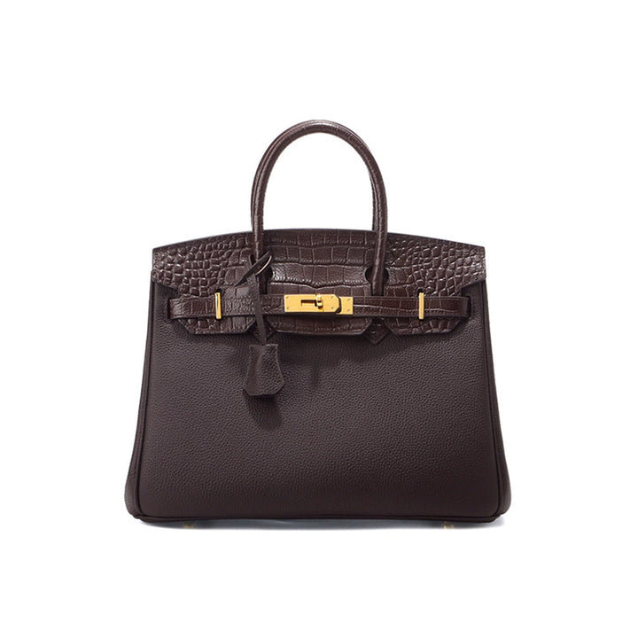 New Birk-Handtasche aus Narbenleder mit Kroko-Klappe und goldfarbenem Drehverschluss