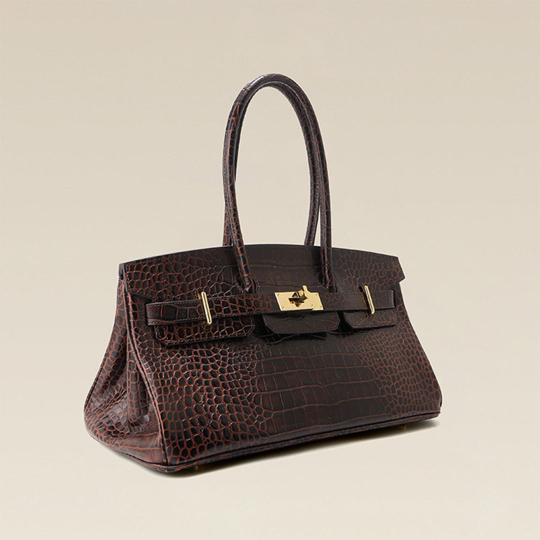 Birk Schultertasche aus Leder mit Kroko-Prägung und goldenen Beschlägen