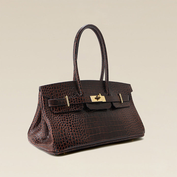 Birk Schultertasche aus Leder mit Kroko-Prägung und goldenen Beschlägen