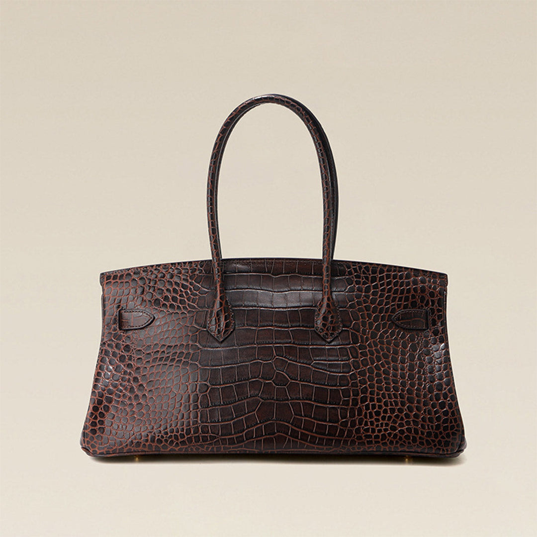 Birk Schultertasche aus Leder mit Kroko-Prägung und goldenen Beschlägen