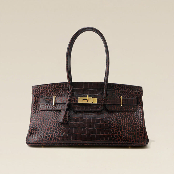Birk Schultertasche aus Leder mit Kroko-Prägung und goldenen Beschlägen