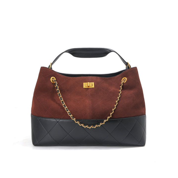 Gesteppte Schultertasche aus Wildleder mit goldfarbenen Beschlägen