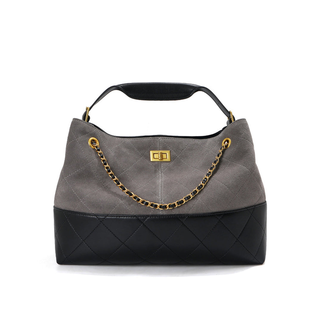 Gesteppte Schultertasche aus Wildleder mit goldfarbenen Beschlägen