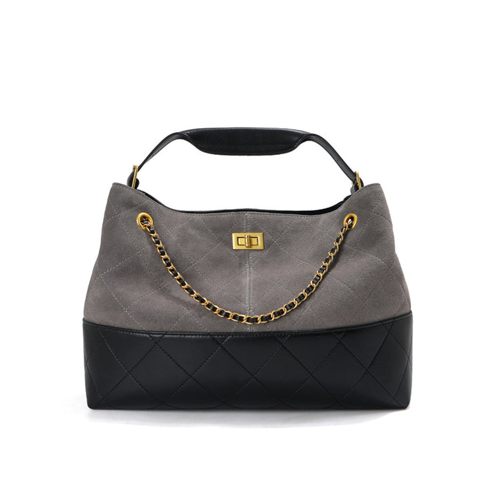 Gesteppte Schultertasche aus Wildleder mit goldfarbenen Beschlägen