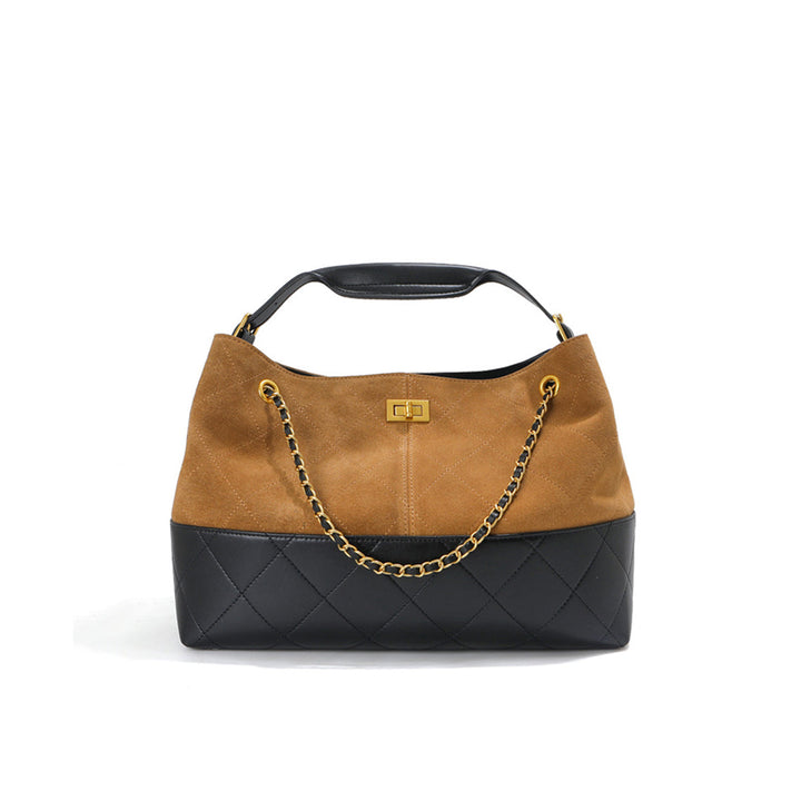 Gesteppte Schultertasche aus Wildleder mit goldfarbenen Beschlägen
