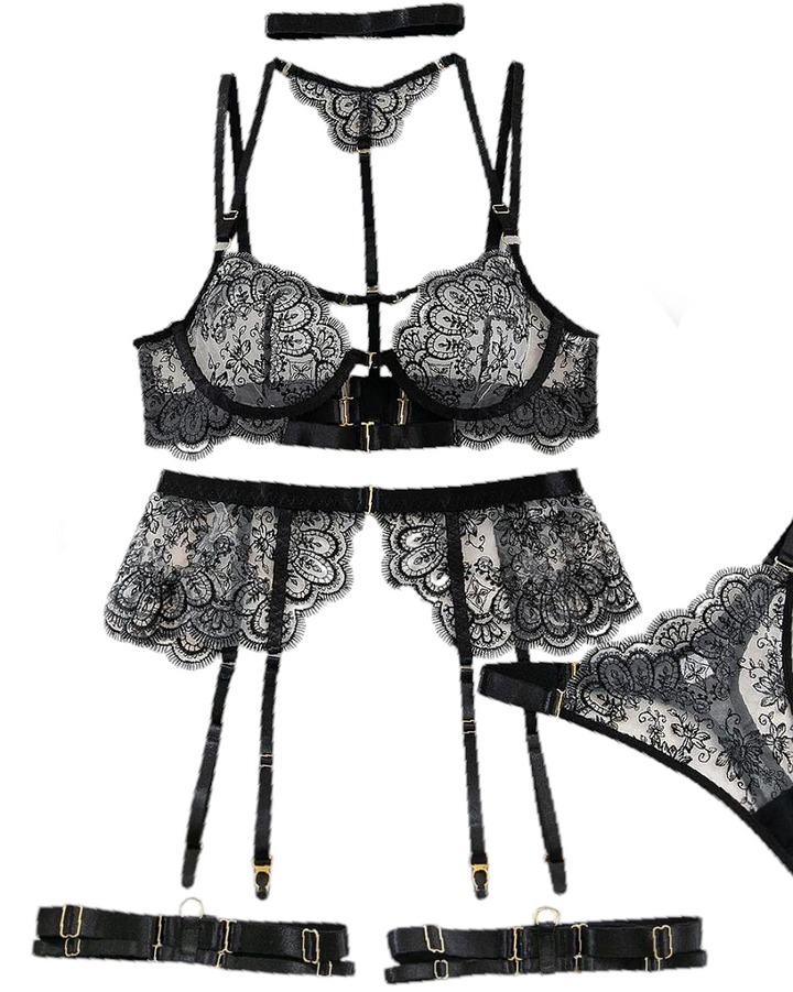 Reina zwart kanten 5-delige lingerieset