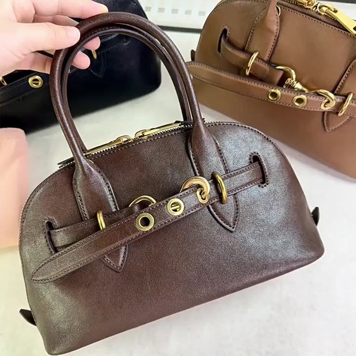 Retro Bowling-Tasche aus Leder mit Henkel und goldfarbenen Beschlägen
