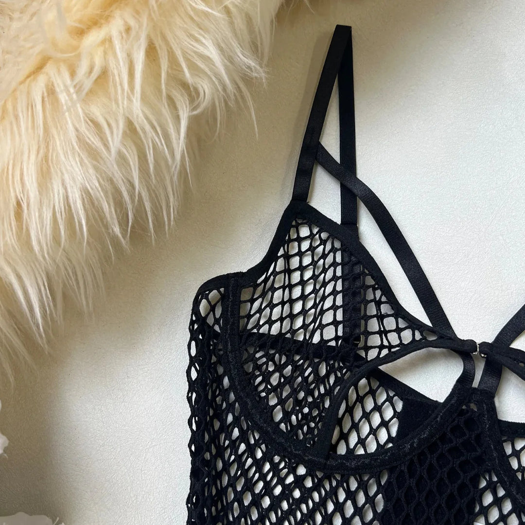 Schwarzes Mesh-Dessous-Set