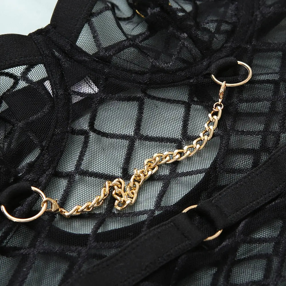 Aubrey Dessous-Body in Schwarz mit Karo-Muster und Spitzen-Details