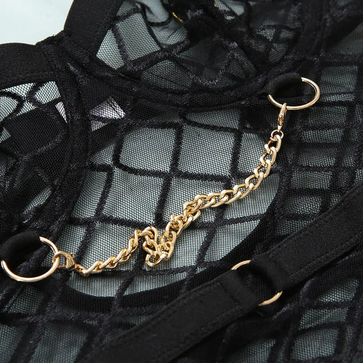 Aubrey Dessous-Body in Schwarz mit Karo-Muster und Spitzen-Details