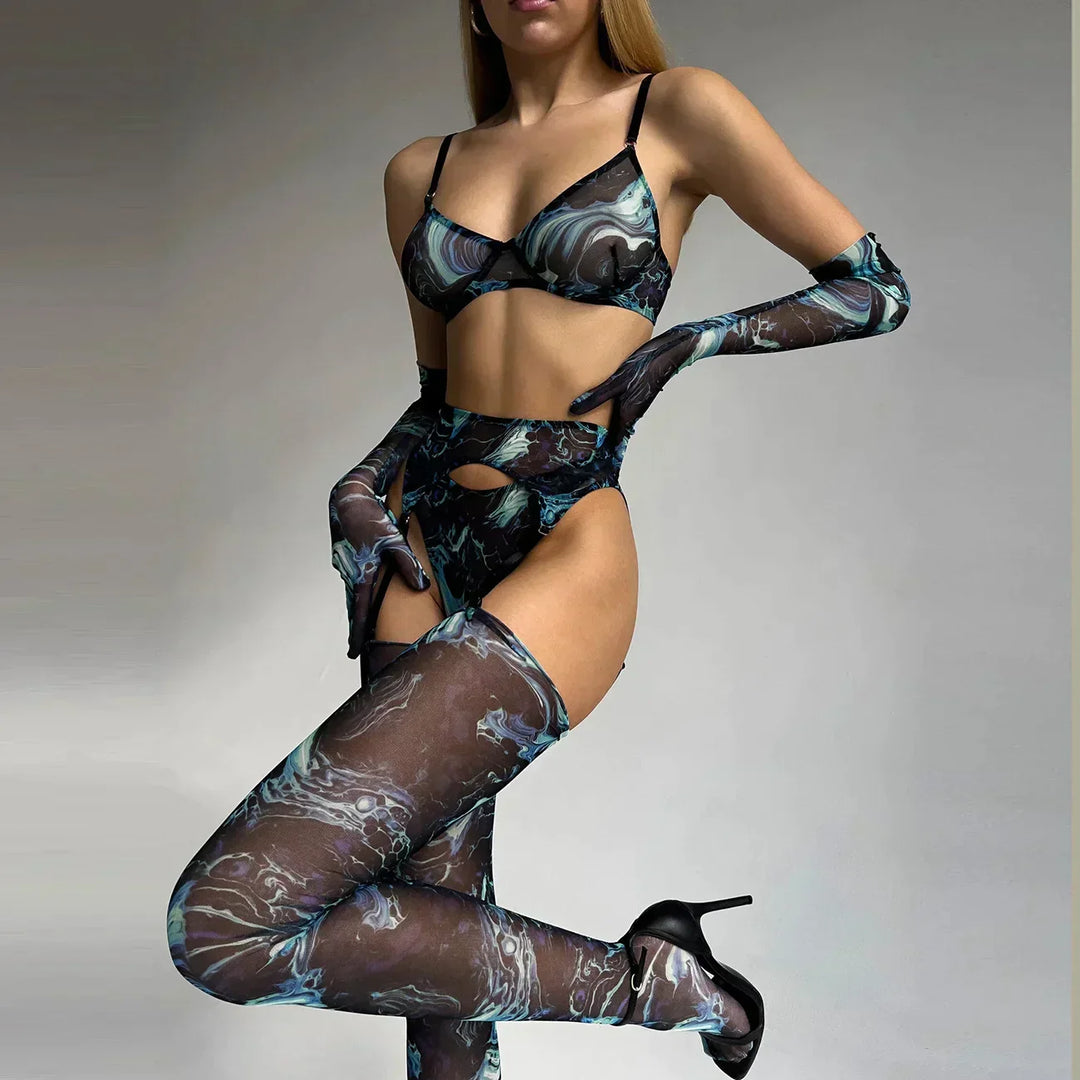 Serena 5-teiliges Tie Dye Dessous Set – Sinnlichkeit in lebendigen Farben