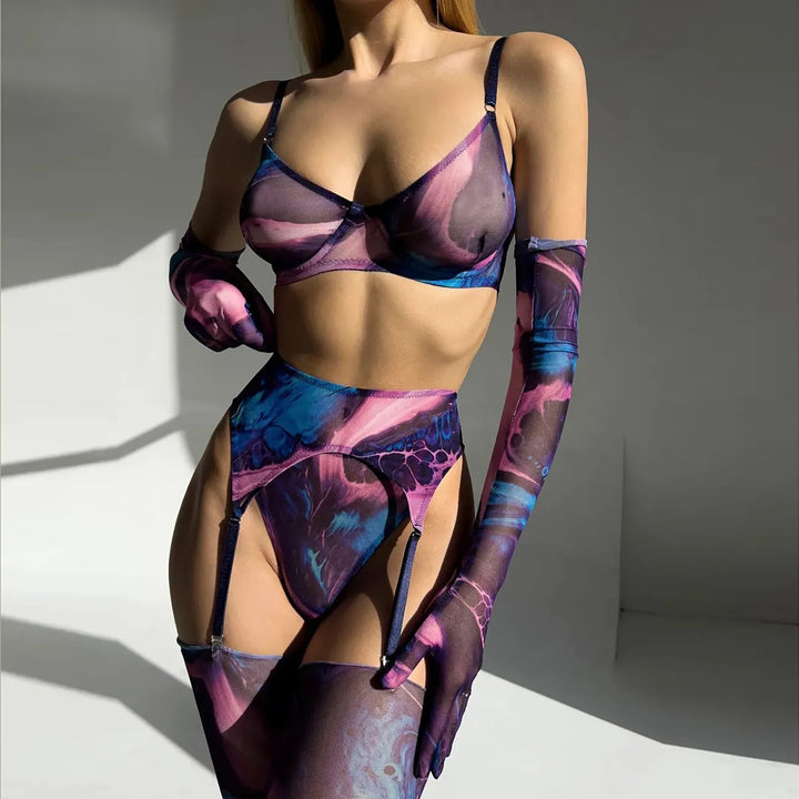 Serena 5-teiliges Tie Dye Dessous Set – Sinnlichkeit in lebendigen Farben