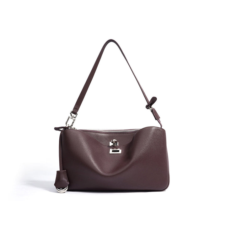 Schwarze Schultertasche aus Narbenleder für Damen mit silbernen Beschlägen