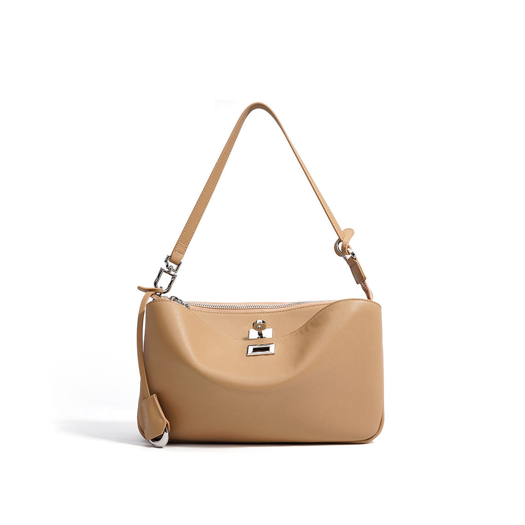 Schwarze Schultertasche aus Narbenleder für Damen mit silbernen Beschlägen