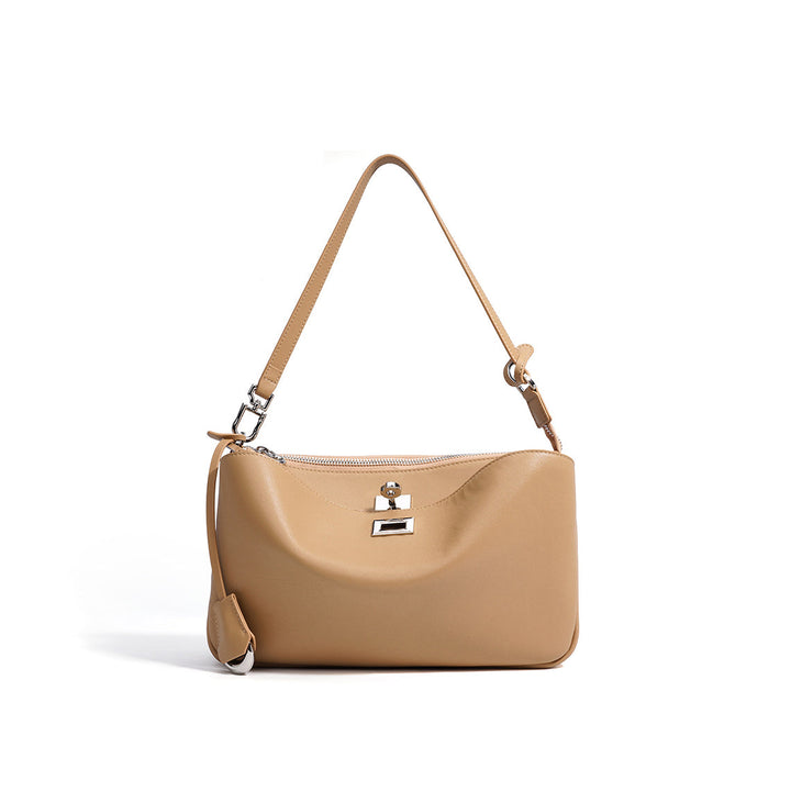Schwarze Schultertasche aus Narbenleder für Damen mit silbernen Beschlägen