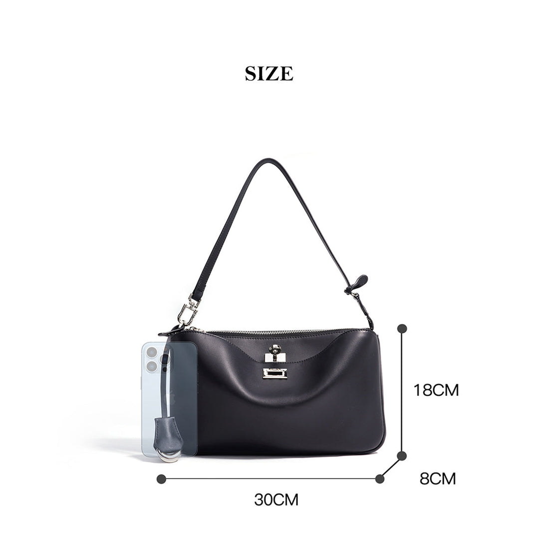 Schwarze Schultertasche aus Narbenleder für Damen mit silbernen Beschlägen