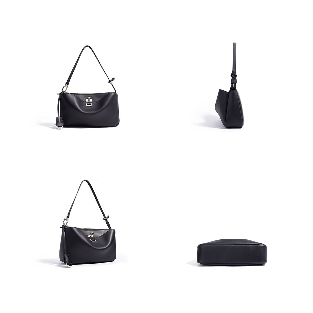 Schwarze Schultertasche aus Narbenleder für Damen mit silbernen Beschlägen