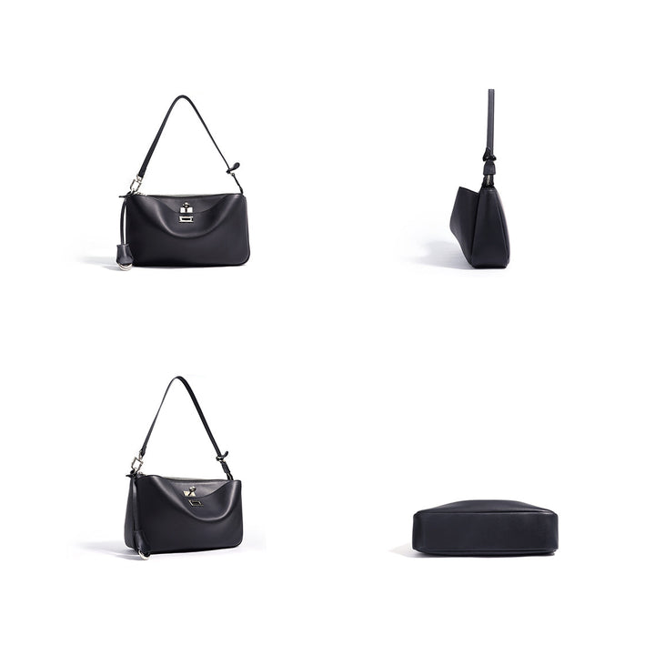 Schwarze Schultertasche aus Narbenleder für Damen mit silbernen Beschlägen