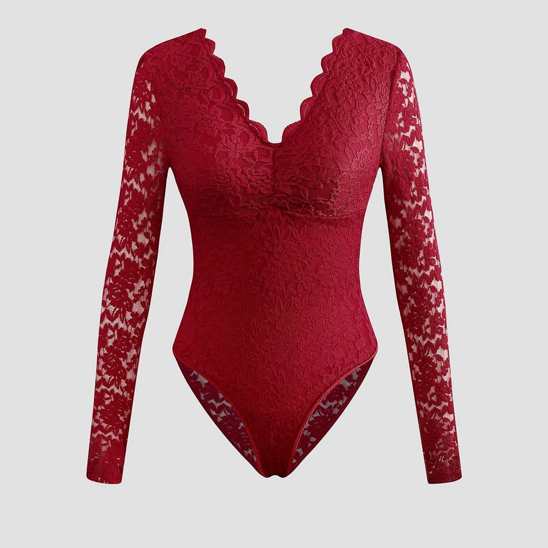 Eleganter Burgunderroter Spitzen Bodysuit