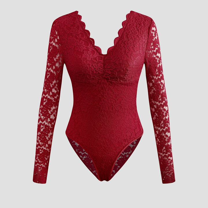 Eleganter Burgunderroter Spitzen Bodysuit