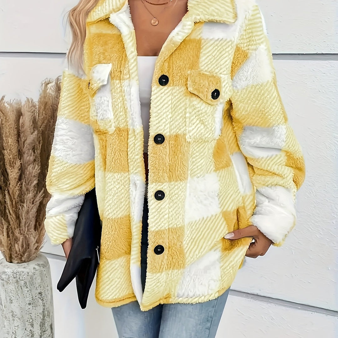 Aurora Karierter Kuschel-Fleece Wintermantel – Weicher Stretch Plaid Mantel